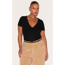 Plus Black Ribbed Plunge Short Sleeve Bodysuit, Black