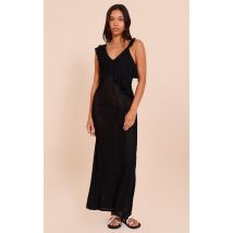 Robe longue texturée noire à col asymétrique, Noir