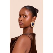 Boucles d'oreilles XXL texturées dorées à pierre bleu marine au centre, Bleu Marine