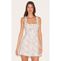 Robe droite en jacquard bleu fleuri, Bleu
