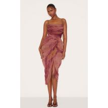 Robe mi-longue en mousseline de soie violet foncé imprimé abstrait froncée à détail drapé, Violet Foncé