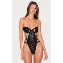 Body bustier en dentelle texturée noire à découpes, Noir