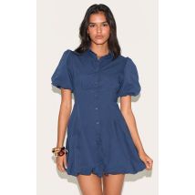Robe droite bleu marine à boutons et taille cintrée, Bleu Marine