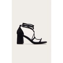 Sandales carrées en suédine noire à talon carré et lacets, Noir
