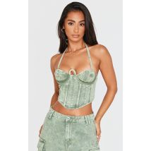 Petite Corset en jean délavé vert à détail coutures, Vert Délavé