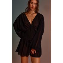 Mini robe de plage en mousseline de soie noire à taille froncée, Noir