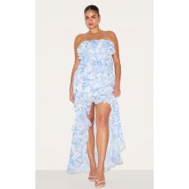 Plus Robe Mi-longue Bandeau à Volants Imprimée Bleue, Bleu