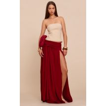 Rouge Foncé Flottant Tissé Nœud Avant Mi-longue Jupe, Rouge Profond