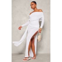 Robe longue texturée blanc nouée à la taille à col bardot, Blanc