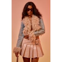 Vintage Wash Faux Fur Trim Cropped Denim Jacket, Vintage Wash