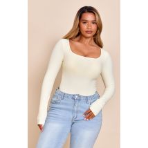 Shape Body manches longues en Sculpt crème au beurre à soutien-gorge intégré et col carré, Crème Au Beurre