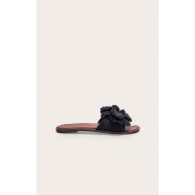 Sandales style mules rondes en effet lin noir à fleur sur la bride, Noir