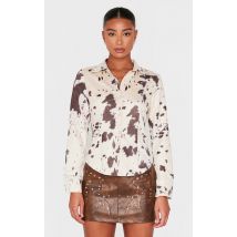 Chemise ajustée en suédine beige imprimé vache, Beige