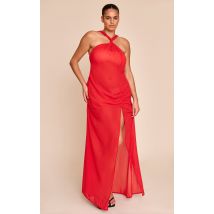 Robe longue de plage rouge grande taille en mousseline à col montant, Rouge