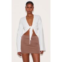 Blouse légère tissée blanche à détail noué drapé devant, Blanc