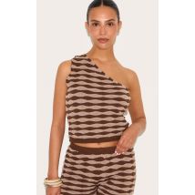 Petite Chocolate Knitted One Shoulder Striped Long Fitted Top, Chocolate