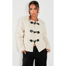 Petite Veste longue moumoutée crème à détail attaches, Crème