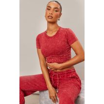 T-shirt long ajusté en coton rouge délavé, Rouge