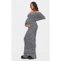 Maternité Robe de grossesse longue en maille bouclée grise à manches longues et col bardot, Gris