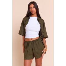Petite Chemise en effet lin vert olive à manches courtes, Vert