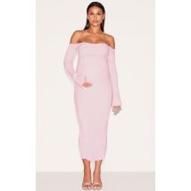 Maternité Robe de grossesse en maille tricot rose tendre contrastée à épaules dénudées, Rose Tendre
