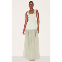 Robe longue vert sauge à col rond et taille tombante, Vert sauge