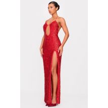 Robe longue rouge à sequins et découpe, Rouge