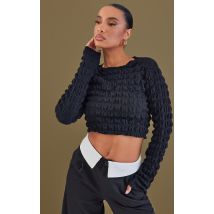 Black Bubble Textured Long Sleeve Crop Top