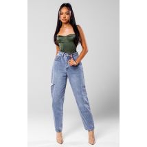 Jean baggy style boyfriend bleu moyennement délavé détail déchiré, Bleu Moyen Délavé