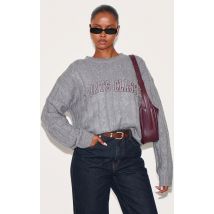 Pull en maille torsadée douce grise à détail brodé, Gris