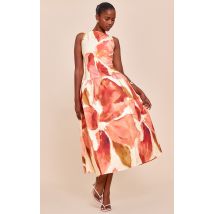 Robe mi-longue rose fleurie à taille tombante, Rose
