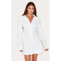 Robe chemise structurée blanche froncée à manches longues, Blanc