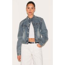 Veste en jean bleu vintage à col motard, Vintage Délavé