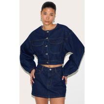 Veste courte en jean indigo à col rond, Indigo