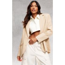 Femme Blazer oversize en maille tissée gris pierre à épaules carrées et ourlet incurvé | Taille 32