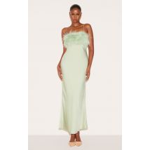 Robe longue satinée sauge à bretelles fines et buste en plumes, Sauge