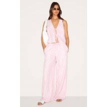 Pantalon droit rose à rayures et taille nouée, Rose