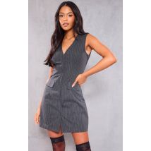 Tall Charcoal Grey Pinstripe Tailored Button Waistcoat Dress, Charcoal Grey