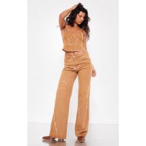 Washed Brown Raw Hem Detail Star Applique Wide Leg Jeans