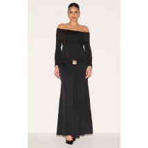 Robe Mi-longue Bardot Noire Grande Taille, Manches Longues, Détails Drapés et Bordures, Noir