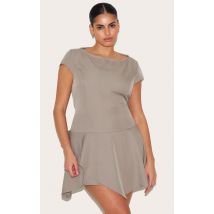 Plus Robe droite tissée argile à mancherons et partie superposée asymétrique, Argile
