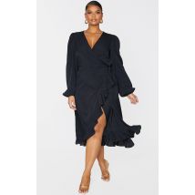 Plus Robe cache-coeur noire mi-longue volantée, Noir
