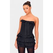 Combishort bustier jupe short culotte bouffant noir à détail noeud, Noir