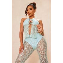 Shape Crop top en dentelle bleu clair à devant noué, Bleu Clair
