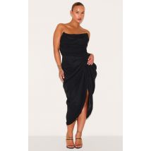 Plus Robe bustier mi-longue en mousseline de soie noir profond drapée à top corset, Noir Profond