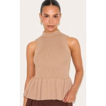 Petite Top long en maille tricot taupe à col montant et ourlet péplum, Taupe