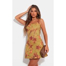 Robe droite verte fleurie à jupe trapèze et détail corset, Vert
