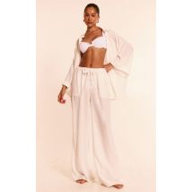 Pantalon de plage fluide en effet lin blanc à cordons ajustables, Blanc