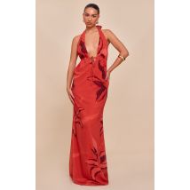 Robe longue imprimé rouille noué à décolleté, Rouille