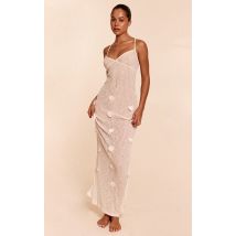 Robe de plage longue en maille tricot blanche à appliqué fleuri, Blanc
